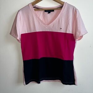 Tommy Hilfiger Women's M Pink and Black Colorblock Top v-neck